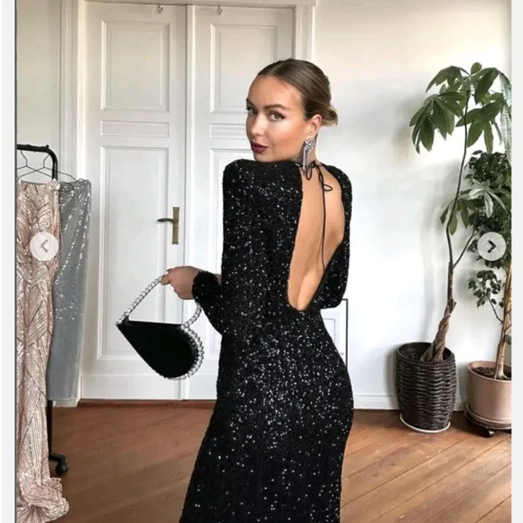 Zara  SEQUIN MAXI DRESS GOWN BLACK SIZE XS - Picture 5 of 16
